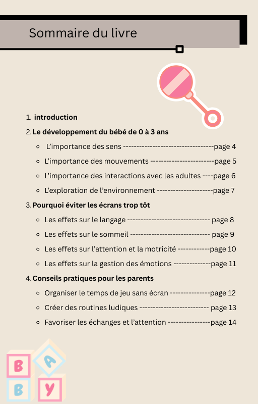 Le sommaire du livre des bienfaits de jouer sans écran première partie du livre.