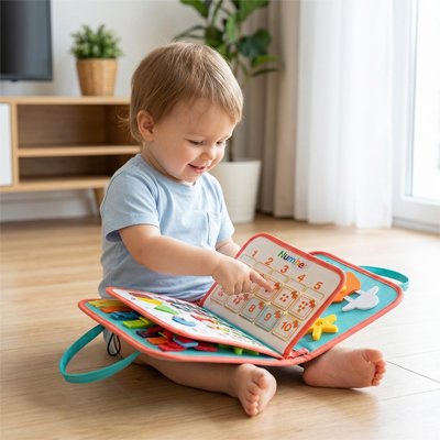 L’enfant joue avec un livre éducatif en pointant des éléments à l’intérieur. Le livre sert à apprendre à manipuler des objets du quotidien. Il est principalement bleu turquoise et orange, et le garçon est très content.