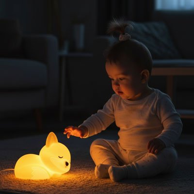 Un bébé observe avec curiosité une veilleuse renard lumineuse sur le sol.