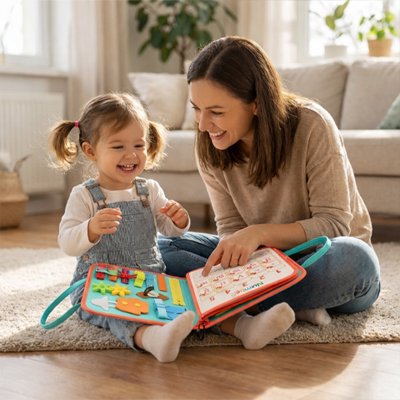 Un enfant et sa mère regardent attentivement un livre ouvert et découvrent ensemble les objets du quotidien pour apprendre à les manipuler.