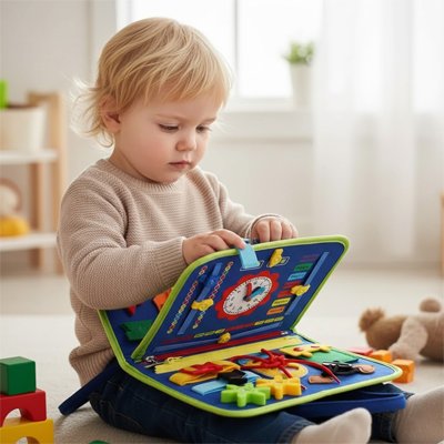Un enfant observe entre deux pages d’un livre avec plusieurs objets en 3D. Il est fasciné. Le livre est bleu marine, vert et contient plusieurs couleurs.