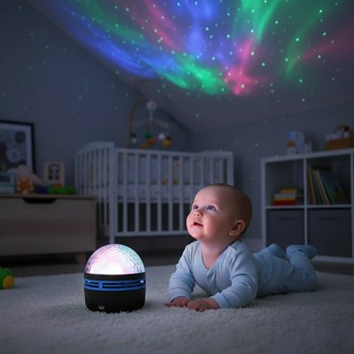 Une veilleuse à projection qui transforme la chambre de bébé en un univers doux et apaisant.
