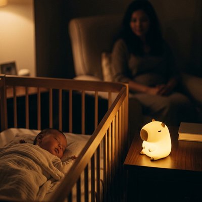 Veilleuse bébé en forme d’animal : une lumière douce qui rassure bébé pendant son sommeil, sous le regard de sa mère.