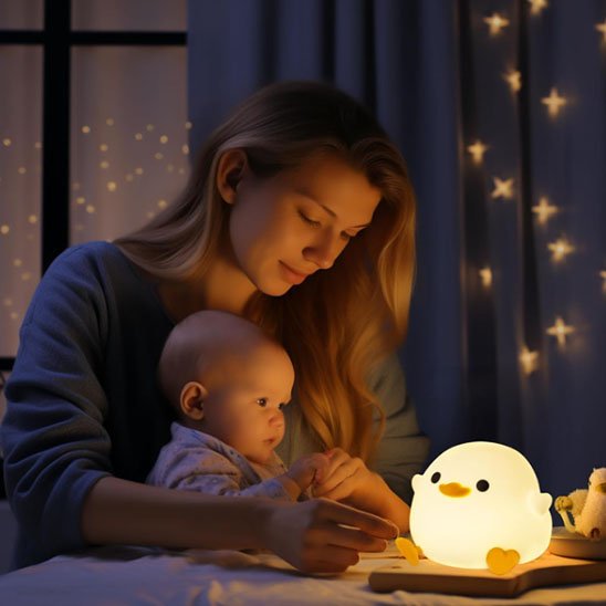Veilleuse bébé en forme de poussin, que le bébé et sa mère admirent ensemble.