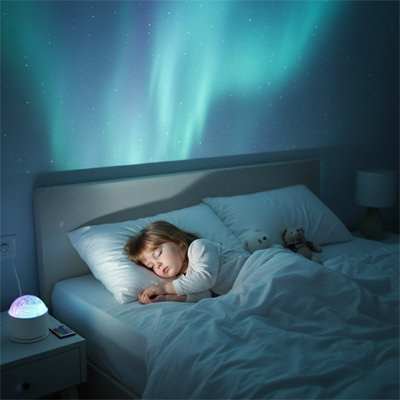Veilleuse à projection bébé, une lumière douce qui apaise bébé et l’aide à s’endormir en plafond.