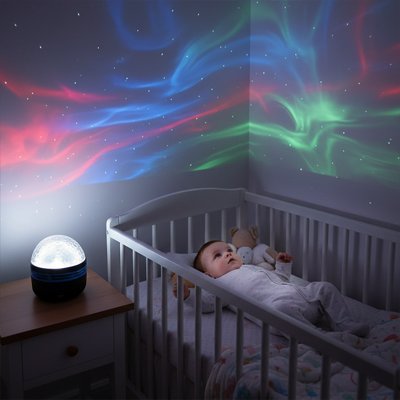 Veilleuse à projection bébé, une lumière douce qui apaise bébé et l’aide à s’endormir en regardant le plafond.