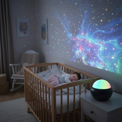 Veilleuse à projection bébé thème espace : une lumière douce qui aide bébé à s’endormir paisiblement.