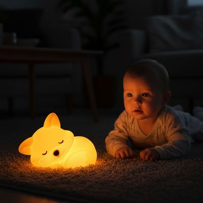 Veilleuse renard bébé : un bébé intrigué admire la douce lumière au sol.