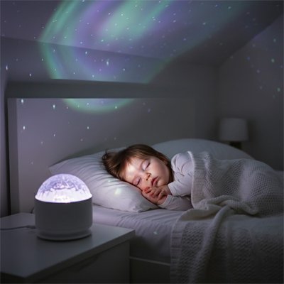 Le bébé dort paisiblement avec une veilleuse à projection dans sa chambre.