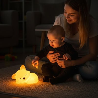 Un bébé observe avec curiosité une veilleuse renard lumineuse sur le sol, aux côtés de sa maman.