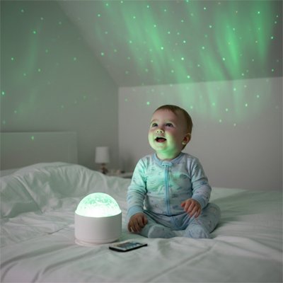 Dans sa chambre, bébé profite d’une veilleuse à projection relaxante lumière vert.