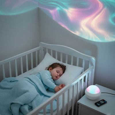 Dans sa chambre, bébé dort grâce à une veilleuse à projection thème espace.