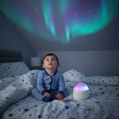 Dans sa chambre, bébé regarde le plafond illuminé par une veilleuse à projection douce et s’endort paisiblement.