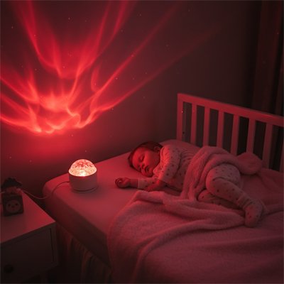 Dans sa chambre, bébé regarde le plafond illuminé par une veilleuse à projection douce et s’endort paisiblement.