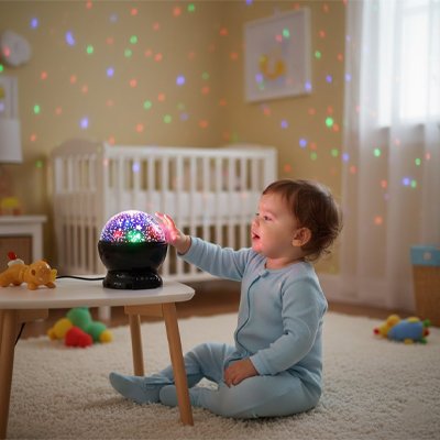 Un enfant contemple les jeux de lumière rouge et jaune diffusés par le projecteur.