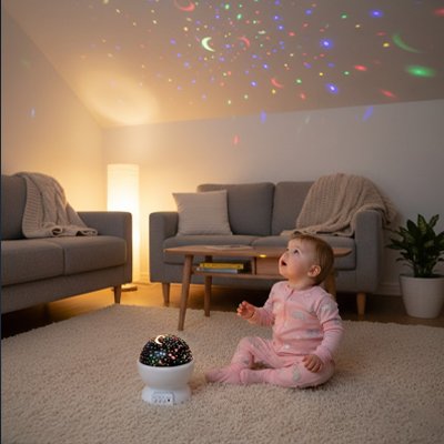 Un enfant admire les illuminations projetées par un projecteur, diffusant des lumières rouges et jaunes sur la phot