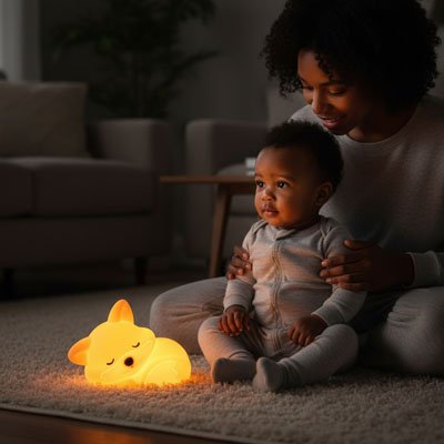 Une maman accompagne son bébé pendant qu’il observe une veilleuse renard lumineuse au sol.