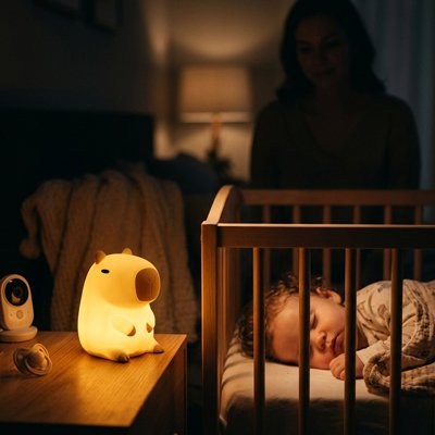 La mère regarde la veilleuse bébé en forme d’animal pendant que son bébé dort