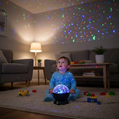Dans le salon, l'enfant admire les lumières vert, rouge et bleu projetées par le projecteur.