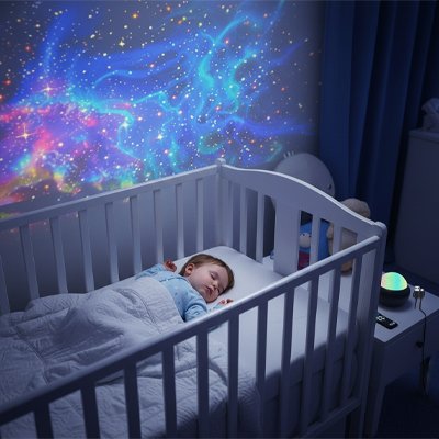 Une veilleuse à projection espace accompagne le bébé dans un sommeil paisible dans sa chambre.