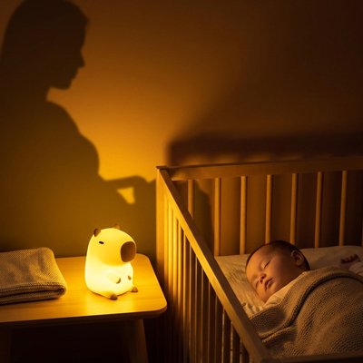 Une veilleuse bébé en forme d’animal éclaire doucement pendant que le bébé dort et que la mère le regarde.